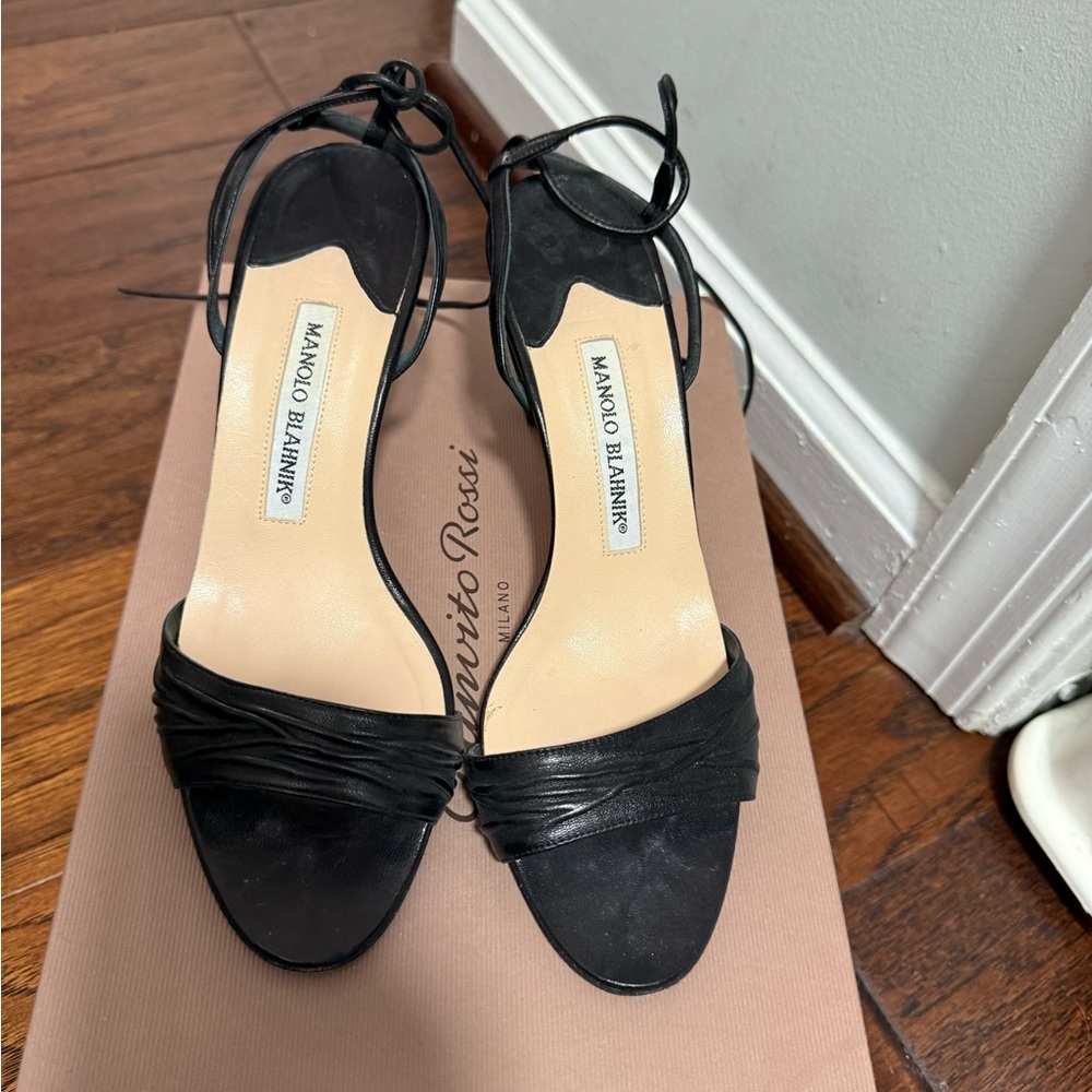 Manolo Blahnik Black Strappy open toe kitten heels